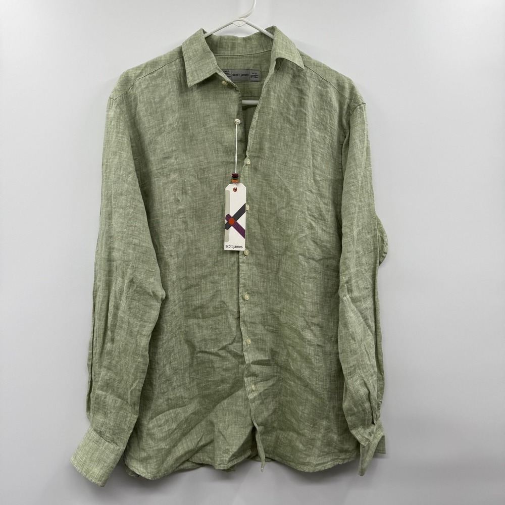 Scott James Mens Linen Shirt L 15.5 green Button Up Long‎ Sleeve